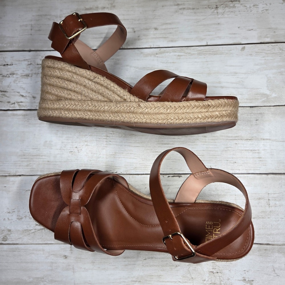 Time and Tru Espadrille Platform Wedge Sandals Women 8 Brown Knotted Ankle Strap